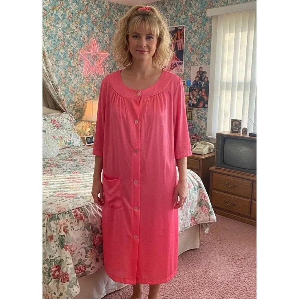 Vintage Coral Pink Robe & Gown Set Button Front 2 Pc USA Pocket L Nylon